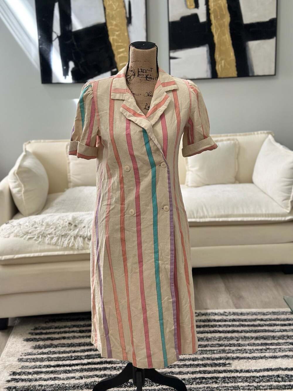 Ellen Hart Originals Vintage Pastel Striped Double-Breasted Midi Shirt Dress